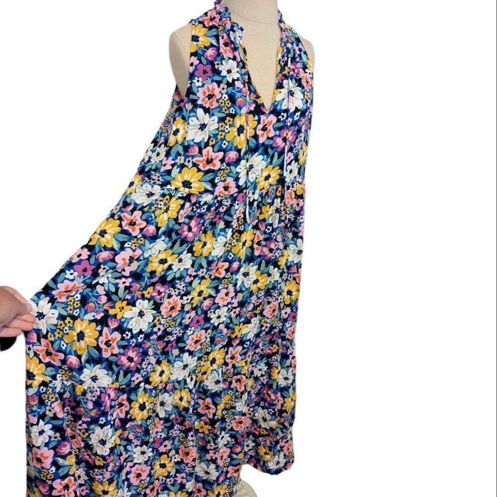 Storia Ditsy Floral Dress Sleeveless Tiered Maxi Dress Boho Rayon Blue Pink